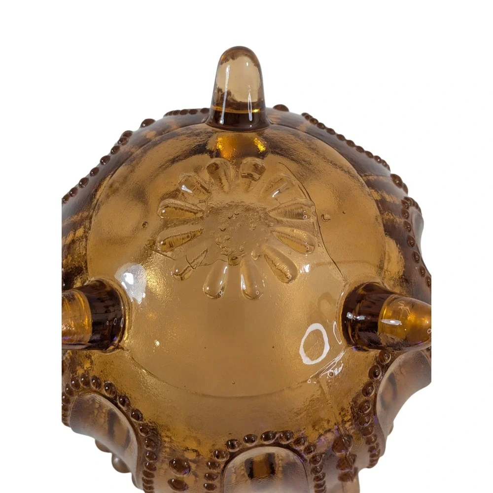 Westmoreland Amber Glass Love Birds in a Nest Lidded Trinket Dish Footed Beaded
